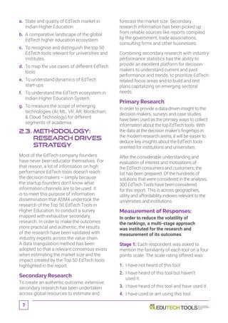 7
a.	State and quality of EdTech market in
Indian Higher Education
b.	A comparative landscape of the global
EdTech higher education ecosystem
c.	To recognise and distinguish the top 50
EdTech tools relevant for universities and
Institutes.
d.	To map the use cases of different EdTech
tools
e.	To understand dynamics of EdTech
start-ups
f.	To understand the EdTech ecosystem in
Indian Higher Education System.
g.	To measure the scope of emerging
technologies (AI, ML, VR, AR, Blockchain,
 Cloud Technology) for different
segments of academia.
2.3. Methodology:
Research Drives
Strategy
Most of the EdTech company founders
have never been educator themselves. For
that reason, a lot of information on high
performance EdTech tools doesn’t reach
the decision makers – simply because
the startup founders don’t know what
information channels are to be used. It
is to meet this purpose of information
dissemination that ASMA undertook the
research of the Top 50 EdTech Tools in
Higher Education, to conduct a survey
mapped with exhaustive secondary
research. In order to make the outcomes
more practical and authentic, the results
of the research have been validated with
industry experts across the value chain.
A data triangulation method has been
adopted so that a relevant consensus exists
when estimating the market size and the
impact created by the Top 50 EdTech tools
highlighted in the report.
Secondary Research
To create an authentic outcome, extensive
secondary research has been undertaken
across global resources to estimate and
forecast the market size. Secondary
research information has been picked up
from reliable sources like reports compiled
by the government, trade associations,
consulting firms and other businesses.
Combining secondary research with industry
performance statistics has the ability to
provide an excellent platform for decision-
makers to understand current and past
performance and trends, to prioritize EdTech
related focus areas and to build and test
plans capitalizing on emerging sectoral
needs.
Primary Research
In order to provide a data-driven insight to the
decision makers, surveys and case studies
have been used as the primary ways to collect
information about the top EdTech tools. With
the data at the decision maker’s fingertips in
the modern research arena, it will be easier to
deduce key insights about the EdTech tools
oriented for institutions and universities.
After the considerable understanding and
evaluation of interest and motivations of
the EdTech consumers and customers, the
list has been prepared. Of the hundreds of
solutions that were considered in the analysis,
300 EdTech Tools have been considered
for this report. This is across geographies,
utility and affordability indexes relevant to the
universities and institutions.
Measurement of Responses:
In order to reduce the volatility of
the rankings, a multi-stage approach
was instituted for the research and
measurement of its outcomes
Stage 1: Each respondent was asked to
mention the familiarity of each tool on a four
points scale. The scale rating offered was:
1.	 I have not heard of this tool
2.	I have heard of this tool but haven’t
used it.
3.	 I have heard of this tool and have used it.
4.	 I have used or am using this tool.
 