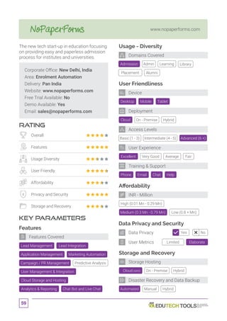 59
www.nopaperforms.com
Affordability
Data Privacy and Security
Storage and Recovery
High (0.01 Mn - 0.29 Mn)
Automated
Desktop
Cloud
Excellent
Tablet
On - Premise
Very Good
Mobile
Hybrid
Basic (1 - 3) Intermediate (4 - 5) Advanced (6 +)
Average Fair
Manual
Medium (0.3 Mn - 0.79 Mn) Low (0.8 + Mn)
Hybrid
Usage - Diversity
Admission Library
Placement Alumni
Admin Learning
User Friendliness
Phone Chat HelpEmail
Training  Support
User Experience
Deployment
Device
Domains Covered
INR - Million
Storage Hosting
Disaster Recovery and Data Backup
Corporate Office: New Delhi, India
Area: Enrolment Automation
Delivery: Pan India
Website: www.nopaperforms.com
Free Trial Available: No
Demo Available: Yes
Email: sales@nopaperforms.com
RATING
KEY PARAMETERS
The new tech start-up in education focusing
on providing easy and paperless admission
process for institutes and universities.
Overall
Features
Usage Diversity
User Friendly
Affordability
Privacy and Security
Storage and Recovery
Features
Lead Management Lead Integration
User Management  Integration
Application Management Marketing Automation
Cloud Storage and Hosting
Analytics  Reporting Chat Bot and Live Chat
Features Covered
Access Levels
Limited Elaborate
Yes NoData Privacy
User Metrics
Cloud (AWS) On - Premise Hybrid
Campaign / PR Management Predictive Analysis
 