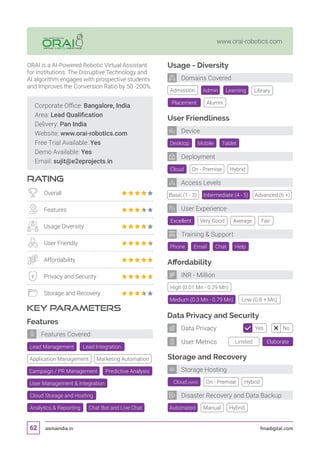 asmaindia.in fmadigital.com62
VIRTUAL ROBOTIC ASSISTANCE
orai-robotics.com
www.orai-robotics.com
Admission Library
Placement Alumni
Admin Learning
Corporate Office: Bangalore, India
Area: Lead Qualification
Delivery: Pan India
Website: www.orai-robotics.com
Free Trial Available: Yes
Demo Available: Yes
Email: sujit@e2eprojects.in
RATING
KEY PARAMETERS
ORAI is a AI-Powered Robotic Virtual Assistant
for Institutions. The Disruptive Technology and
AI algorithm engages with prospective students
and Improves the Conversion Ratio by 50 -200%.
Overall
Features
Usage Diversity
User Friendly
Affordability
Privacy and Security
Storage and Recovery
Features
Lead Management Lead Integration
User Management  Integration
Application Management Marketing Automation
Cloud Storage and Hosting
Analytics  Reporting Chat Bot and Live Chat
Features Covered
Affordability
Data Privacy and Security
Storage and Recovery
Automated
Desktop
Cloud
Excellent
Tablet
On - Premise
Very Good
Mobile
Hybrid
Basic (1 - 3) Intermediate (4 - 5) Advanced (6 +)
Average Fair
Manual Hybrid
Usage - Diversity
User Friendliness
Phone Chat HelpEmail
Training  Support
User Experience
Deployment
Device
Domains Covered
INR - Million
Storage Hosting
Disaster Recovery and Data Backup
Access Levels
Limited Elaborate
Yes NoData Privacy
User Metrics
Cloud (AWS) On - Premise Hybrid
High (0.01 Mn - 0.29 Mn)
Medium (0.3 Mn - 0.79 Mn) Low (0.8 + Mn)
Campaign / PR Management Predictive Analysis
 