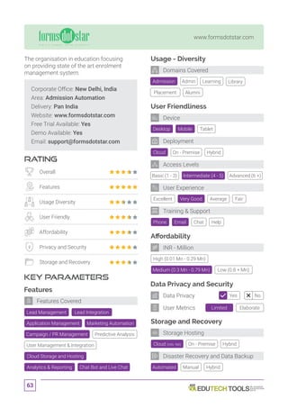 63
www.formsdotstar.com
Cloud (Info. NA)
Corporate Office: New Delhi, India
Area: Admission Automation
Delivery: Pan India
Website: www.formsdotstar.com
Free Trial Available: Yes
Demo Available: Yes
Email: support@formsdotstar.com
RATING
KEY PARAMETERS
The organisation in education focusing
on providing state of the art enrolment
management system.
Overall
Features
Usage Diversity
User Friendly
Affordability
Privacy and Security
Storage and Recovery
Features
Lead Management Lead Integration
User Management  Integration
Application Management Marketing Automation
Cloud Storage and Hosting
Analytics  Reporting Chat Bot and Live Chat
Features Covered
Affordability
Data Privacy and Security
Storage and Recovery
Automated
Desktop
Cloud
Excellent
Tablet
On - Premise
Very Good
Mobile
Hybrid
Basic (1 - 3) Intermediate (4 - 5) Advanced (6 +)
Average Fair
Manual Hybrid
Usage - Diversity
Admission Library
Placement Alumni
Admin Learning
User Friendliness
Phone Chat HelpEmail
Training  Support
User Experience
Deployment
Device
Domains Covered
INR - Million
Storage Hosting
Disaster Recovery and Data Backup
Access Levels
Limited Elaborate
Yes NoData Privacy
User Metrics
On - Premise Hybrid
High (0.01 Mn - 0.29 Mn)
Medium (0.3 Mn - 0.79 Mn) Low (0.8 + Mn)
Campaign / PR Management Predictive Analysis
 