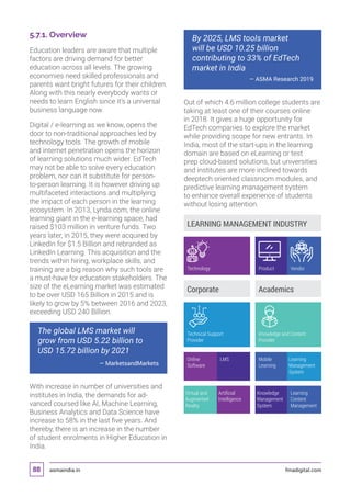 asmaindia.in fmadigital.com88
5.7.1. Overview
Education leaders are aware that multiple
factors are driving demand for better
education across all levels. The growing
economies need skilled professionals and
parents want bright futures for their children.
Along with this nearly everybody wants or
needs to learn English since it’s a universal
business language now.
Digital / e-learning as we know, opens the
door to non-traditional approaches led by
technology tools. The growth of mobile
and internet penetration opens the horizon
of learning solutions much wider. EdTech
may not be able to solve every education
problem, nor can it substitute for person-
to-person learning. It is however driving up
multifaceted interactions and multiplying
the impact of each person in the learning
ecosystem. In 2013, Lynda.com, the online
learning giant in the e-learning space, had
raised $103 million in venture funds. Two
years later, in 2015, they were acquired by
LinkedIn for $1.5 Billion and rebranded as
LinkedIn Learning. This acquisition and the
trends within hiring, workplace skills, and
training are a big reason why such tools are
a must-have for education stakeholders. The
size of the eLearning market was estimated
to be over USD 165 Billion in 2015 and is
likely to grow by 5% between 2016 and 2023,
exceeding USD 240 Billion.
The global LMS market will
grow from USD 5.22 billion to
USD 15.72 billion by 2021
— MarketsandMarkets
With increase in number of universities and
institutes in India, the demands for ad-
vanced coursed like AI, Machine Learning,
Business Analytics and Data Science have
increase to 58% in the last five years. And
thereby, there is an increase in the number
of student enrolments in Higher Education in
India.
By 2025, LMS tools market
will be USD 10.25 billion
contributing to 33% of EdTech
market in India
— ASMA Research 2019
Out of which 4.6 million college students are
taking at least one of their courses online
in 2018. It gives a huge opportunity for
EdTech companies to explore the market
while providing scope for new entrants. In
India, most of the start-ups in the learning
domain are based on eLearning or test
prep cloud-based solutions, but universities
and institutes are more inclined towards
deeptech oriented classroom modules, and
predictive learning management system
to enhance overall experience of students
without losing attention.
LEARNING MANAGEMENT INDUSTRY
Technology Product Vendor
Corporate Academics
Technical Support
Provider
Knowledge and Content
Provider
Online
Software
LMS Mobile
Learning
Learning
Management
System
Virtual and
Augmented
Reality
Artificial
Intelligence
Knowledge
Management
System
Learning
Content
Management
 