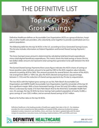 Top ACOs by
Gross Savings
Definitive Healthcare defines an Accountable Care Organization (ACO) as a group of doctors, hospi-
tals, or other health care providers, who voluntarily come together to provide coordinated care to a
patient population.
The following table lists the top 50 ACOs in the U.S. according to Gross Generated Savings/Losses.
This list also includes information on Patient Population and Earned Shared Savings Payment /
Losses.
The Gross Savings/Losses amount is determined by calculating total benchmark expenditures
minus total aligned beneficiary expenditures. This metric shows the total savings or losses (first to
last dollar) dollar amount and represents total savings/loss generation to be split between the ACO
and CMS.
The Earned Shared Savings Payments/Owe Losses figure indicates the ACO’s shares of savings or
losses (positive value indicates amount to be paid by CMS to the ACO, negative value indicates
amounts to paid by ACO to CMS). This amount accounts for several factors: the nature of the ACO’s
risk arrangement (80% or 100% risk, plus the ACO’s elected savings/losses cap percentage,
between 5-15%) and the reduction of shared savings payments by 2% due to sequestration.
The two ACOs with the highest gross savings on our list, Palm Beach Accountable Care
Organization and AMITA Health Accountable Care Organization, lead the remainder of the top 50
by a significant margin. With a Gross Generated Savings of over $63 and $59 million, respectively,
there is a decrease by nearly 31% from Palm Beach ACO to the third ACO, Scottsdale Health Part-
ners. On average, the top 50 ACOs by Gross Savings had a patient population of nearly 33,000, a
gross savings of over $20.5 million, and an earned shared savings of $9.7 million.
Read on for further data on the top 50 ACOs.
THE DEFINITIVE LIST
888-307-4107
sales@definitivehc.com
Definitive Healthcare is the leading provider of healthcare supply chain data in the U.S. Our database
provides the most comprehensive data available on hospitals & IDNs, physicians & physician groups,
outpatient centers, long-term care facilities, clinics, and more. Our data is updated daily with the latest
mergers & acquisitions, executive moves, technology implementations, RFPs and CONs, and more.
 