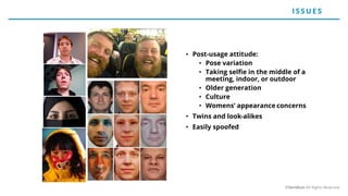 • Post-usage attitude:
• Pose variation
• Taking selfie in the middle of a
meeting, indoor, or outdoor
• Older generation
• Culture
• Womens‘ appearance concerns
• Twins and look-alikes
• Easily spoofed
ISSUE S
©Veridium All Rights Reserved
 