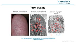 4 Fingers captured print 4 Fingers processed print Standard Fingerprint
Sensor
Minutiae
The contactless and contact prints are of comparable quality.
The minutia match.
©Veridium All Rights Reserved
Print Quality
 