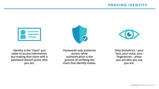 P ROV IN G ID E N T IT Y
©Veridium All Rights Reserved
Passwords only authorize
access, while
authentication is the
process of verifying the
claim that identity makes.
Identity is the “claim” you
make to access information,
but making that claim with a
password doesn’t prove who
you are.
Only biometrics – your
face, your voice, your
fingerprints – prove
you are who you say
you are.
 