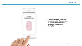 • Touch ID made it easy (and
convenient) for the consumer
to understand biometrics.
• Accessing your phone
• Apple Pay
TO UCH ID
©Veridium All Rights Reserved
 