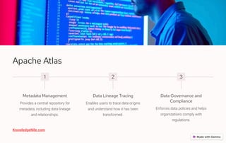 Apache Atlas
1
Metadata Management
Provides a central repository for
metadata, including data lineage
and relationships.
2
Data Lineage Tracing
Enables users to trace data origins
and understand how it has been
transformed.
3
Data Governance and
Compliance
Enforces data policies and helps
organizations comply with
regulations.
KnowledgeNile.com
 
