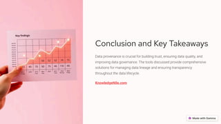 Conclusion and Key Takeaways
Data provenance is crucial for building trust, ensuring data quality, and
improving data governance. The tools discussed provide comprehensive
solutions for managing data lineage and ensuring transparency
throughout the data lifecycle.
KnowledgeNile.com
 
