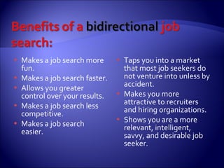 Makes a job search more fun. Makes a job search faster. Allows you greater control over your results. Makes a job search less competitive. Makes a job search easier. Taps you into a market that most job seekers do not venture into unless by accident. Makes you more attractive to recruiters and hiring organizations. Shows you are a more relevant, intelligent, savvy, and desirable job seeker. 
