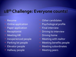 Resume Online application Paper application Receptionist Meeting HR Inexperienced people Parking lot people Elevator people Hallway people Other candidates Psychological profile Final interview Driving to interview Driving home Meeting with realtor Meeting benefits people Meeting subordinates Meeting peers 