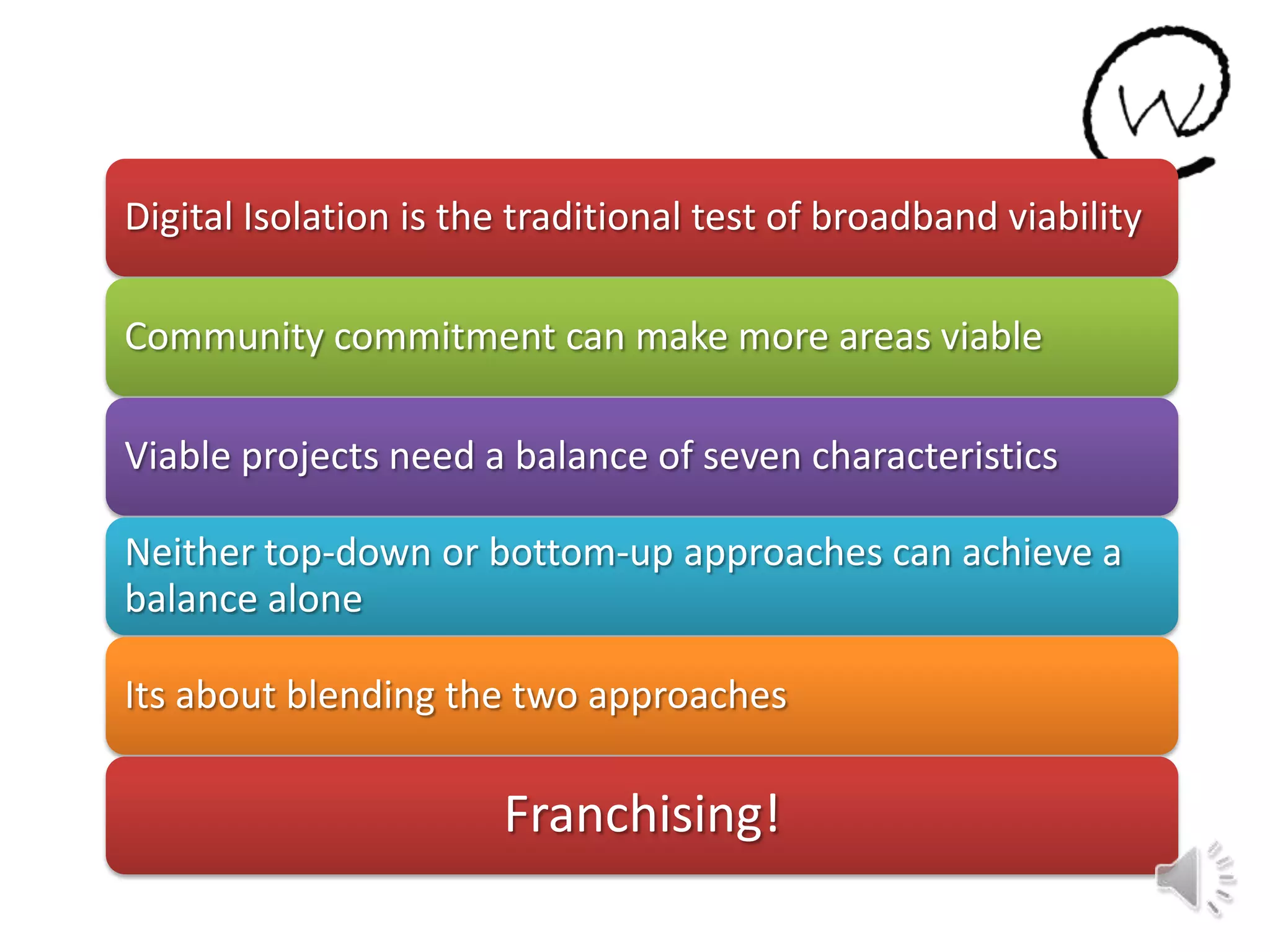 Digital Isolation is the traditional test of broadband viability
Community commitment can make more areas viable
Viable projects need a balance of seven characteristics
Neither top-down or bottom-up approaches can achieve a
balance alone
Its about blending the two approaches
Franchising!