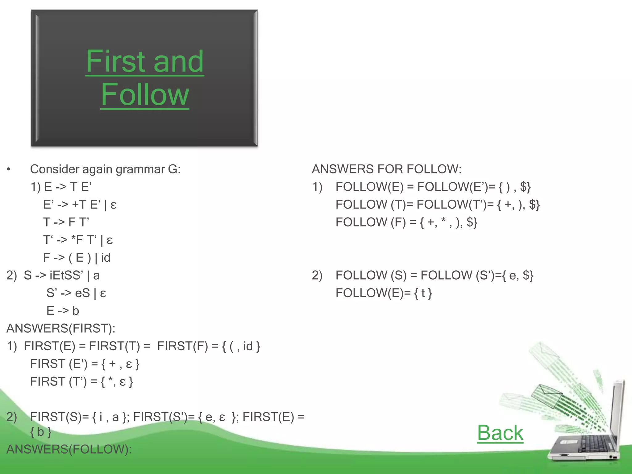 First and
               Follow

•   Consider again grammar G:                             ANSWERS FOR FOLLOW:
    1) E -> T E‟                                          1) FOLLOW(E) = FOLLOW(E‟)= { ) , $}
       E‟ -> +T E‟ | ε                                       FOLLOW (T)= FOLLOW(T‟)= { +, ), $}
       T -> F T‟                                             FOLLOW (F) = { +, * , ), $}
       T„ -> *F T‟ | ε
       F -> ( E ) | id
2) S -> iEtSS‟ | a                                        2)   FOLLOW (S) = FOLLOW (S‟)={ e, $}
       S‟ -> eS | ε                                            FOLLOW(E)= { t }
       E -> b
ANSWERS(FIRST):
1) FIRST(E) = FIRST(T) = FIRST(F) = { ( , id }
    FIRST (E‟) = { + , ε }
    FIRST (T‟) = { *, ε }

2) FIRST(S)= { i , a }; FIRST(S‟)= { e, ε }; FIRST(E) =
   {b}                                                                               Back
ANSWERS(FOLLOW):
 