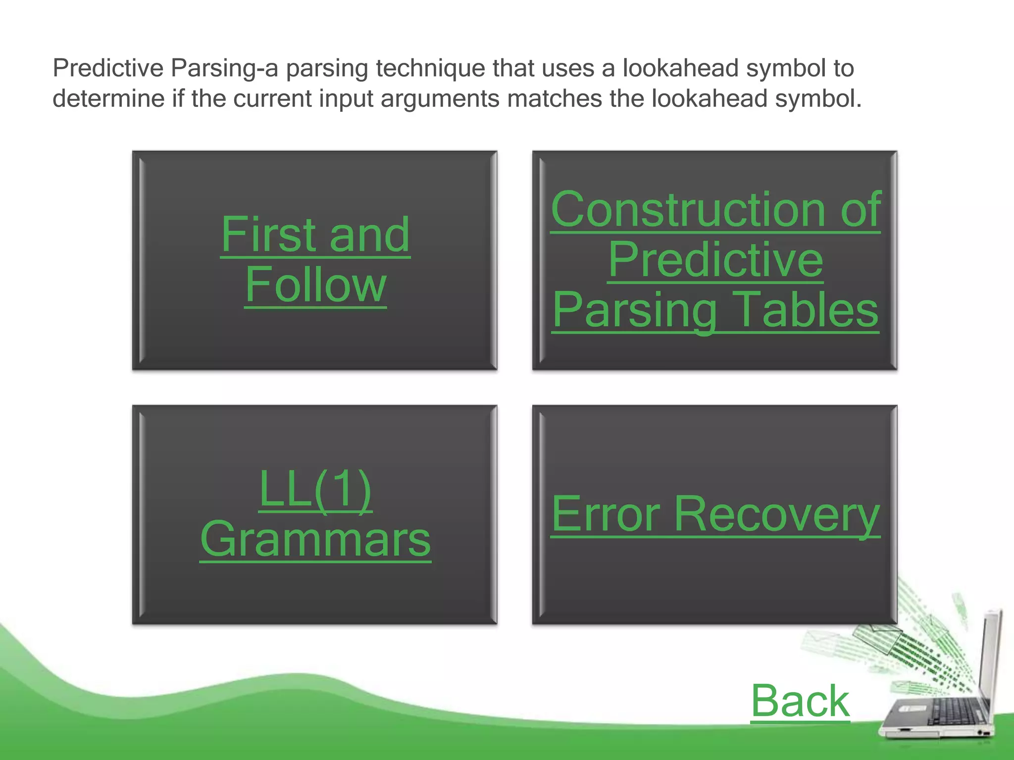 Predictive Parsing-a parsing technique that uses a lookahead symbol to
determine if the current input arguments matches the lookahead symbol.



                                           Construction of
              First and
                                             Predictive
               Follow
                                           Parsing Tables


              LL(1)
                                           Error Recovery
            Grammars


                                                            Back
 