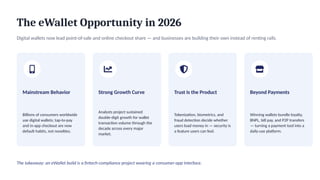 The eWallet Opportunity in 2026
Digital wallets now lead point-of-sale and online checkout share — and businesses are building their own instead of renting rails.
Mainstream Behavior
Billions of consumers worldwide
use digital wallets; tap-to-pay
and in-app checkout are now
default habits, not novelties.
Strong Growth Curve
Analysts project sustained
double-digit growth for wallet
transaction volume through the
decade across every major
market.
Trust Is the Product
Tokenization, biometrics, and
fraud detection decide whether
users load money in — security is
a feature users can feel.
Beyond Payments
Winning wallets bundle loyalty,
BNPL, bill pay, and P2P transfers
— turning a payment tool into a
daily-use platform.
The takeaway: an eWallet build is a fintech-compliance project wearing a consumer-app interface.
 