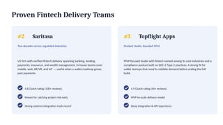 Proven Fintech Delivery Teams
#2 Saritasa
Two decades across regulated industries
US firm with verified fintech delivery spanning banking, lending,
payments, insurance, and wealth management. In-house teams cover
mobile, web, AR/VR, and IoT — useful when a wallet roadmap grows
past payments.
4.8 Clutch rating (100+ reviews)
Known for catching project risk early
Strong systems-integration track record
#3 Topflight Apps
Product studio, founded 2016
MVP-focused studio with fintech named among its core industries and a
compliance posture built on SOC-2 Type 2 practices. A strong fit for
wallet startups that need to validate demand before scaling the full
build.
4.9 Clutch rating (40+ reviews)
MVP-to-scale delivery model
Deep integration & API experience
 