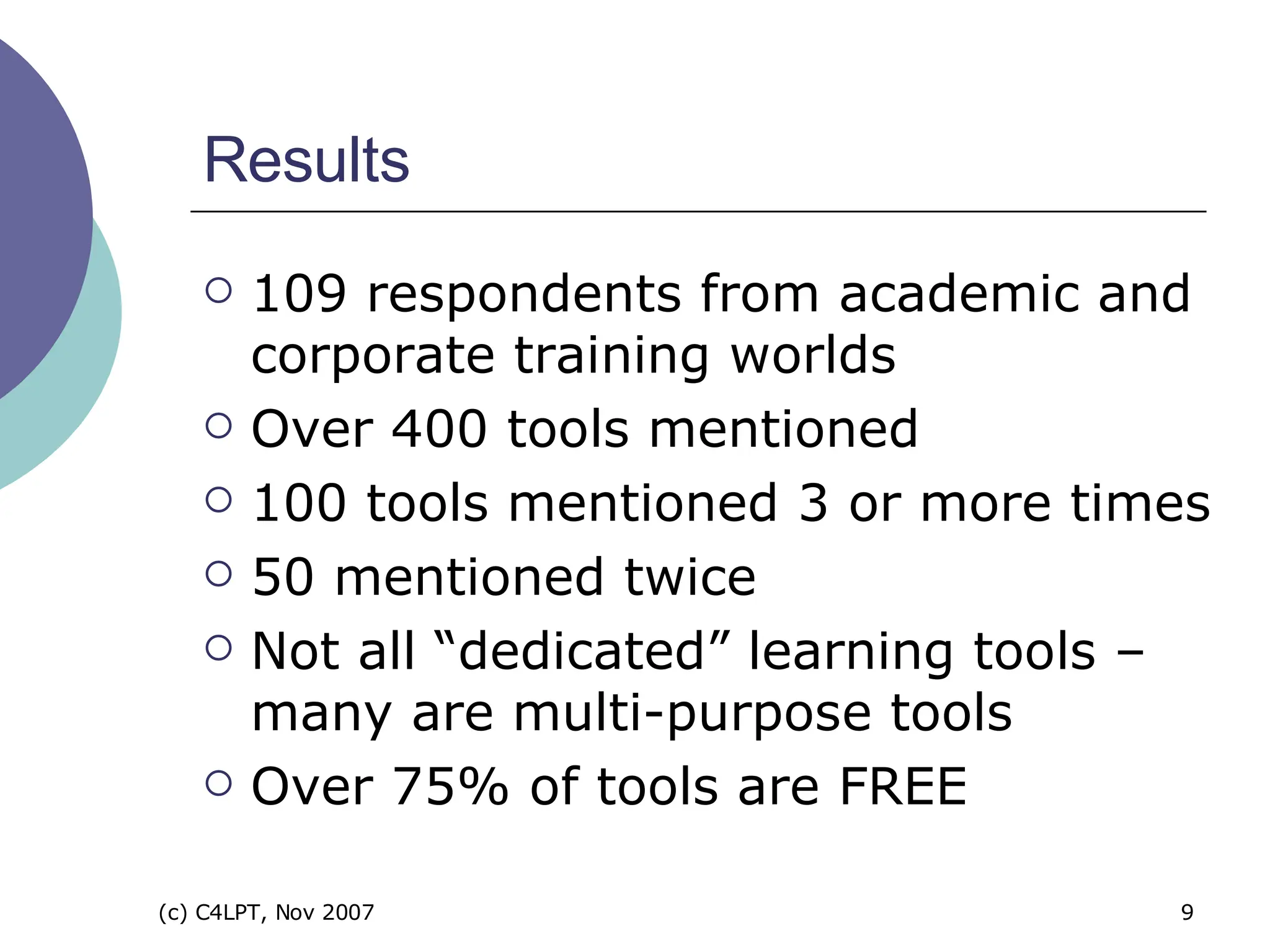 Results 109 respondents from academic and corporate training worlds Over 400 tools mentioned 100 tools mentioned 3 or more times 50 mentioned twice Not all “dedicated” learning tools – many are multi-purpose tools Over 75% of tools are FREE 