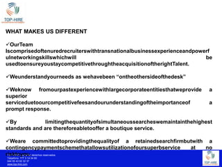 WHAT MAKES US DIFFERENTOurTeam Iscomprisedoftenuredrecruiterswithtransnationalbusinessexperienceandpowerfulnetworkingskillswhichwill be usedtoensureyoustaycompetitivethroughtheacquisitionoftherightTalent.