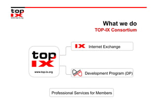 What we do
                                    TOP-IX Consortium


                                 Internet Exchange




www.top-ix.org
                               Development Program (DP)




             Professional Services for Members
 