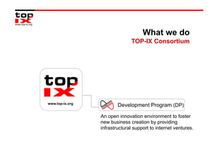 What we do
                               TOP-IX Consortium




www.top-ix.org
                         Development Program (DP)

                 An open innovation environment to foster
                 new business creation by providing
                 infrastructural support to internet ventures.
 