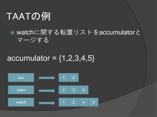TAATの例
   watchに関する転置リストをaccumulatorと
    マージする

accumulator = {1,2,3,4,5}

     iwc       1   5


    rolex      2   3   5


    watch      1   2   4   5
 