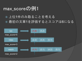 max_scoreの例1
 上位1件のみ取ることを考える
 最初の文章1を評価するとスコアは6になる


     iwc      (1,5)   (5,2)
max_score=5

    rolex     (2,2)   (3,3)   (5,1)

max_score=3

    watch     (1,1)   (2,1)   (4,2)   (5,1)

max_score=2
 