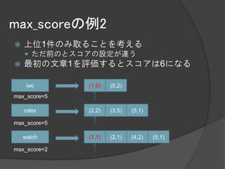 max_scoreの例2
   上位1件のみ取ることを考える
     ただ前のとスコアの設定が違う
   最初の文章1を評価するとスコアは6になる

     iwc      (1,5)   (5,2)
max_score=5

    rolex     (2,2)   (3,5)   (5,1)

max_score=5

    watch     (1,1)   (2,1)   (4,2)   (5,1)

max_score=2
 