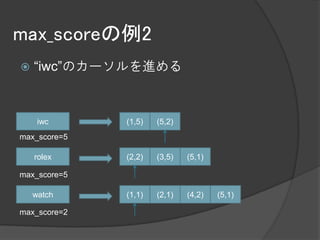 max_scoreの例2
   “iwc”のカーソルを進める



     iwc      (1,5)   (5,2)
max_score=5

    rolex     (2,2)   (3,5)   (5,1)

max_score=5

    watch     (1,1)   (2,1)   (4,2)   (5,1)

max_score=2
 