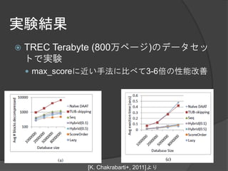 実験結果
   TREC Terabyte (800万ページ)のデータセッ
    トで実験
     max_scoreに近い手法に比べて3-6倍の性能改善




              [K. Chakrabarti+, 2011]より
 