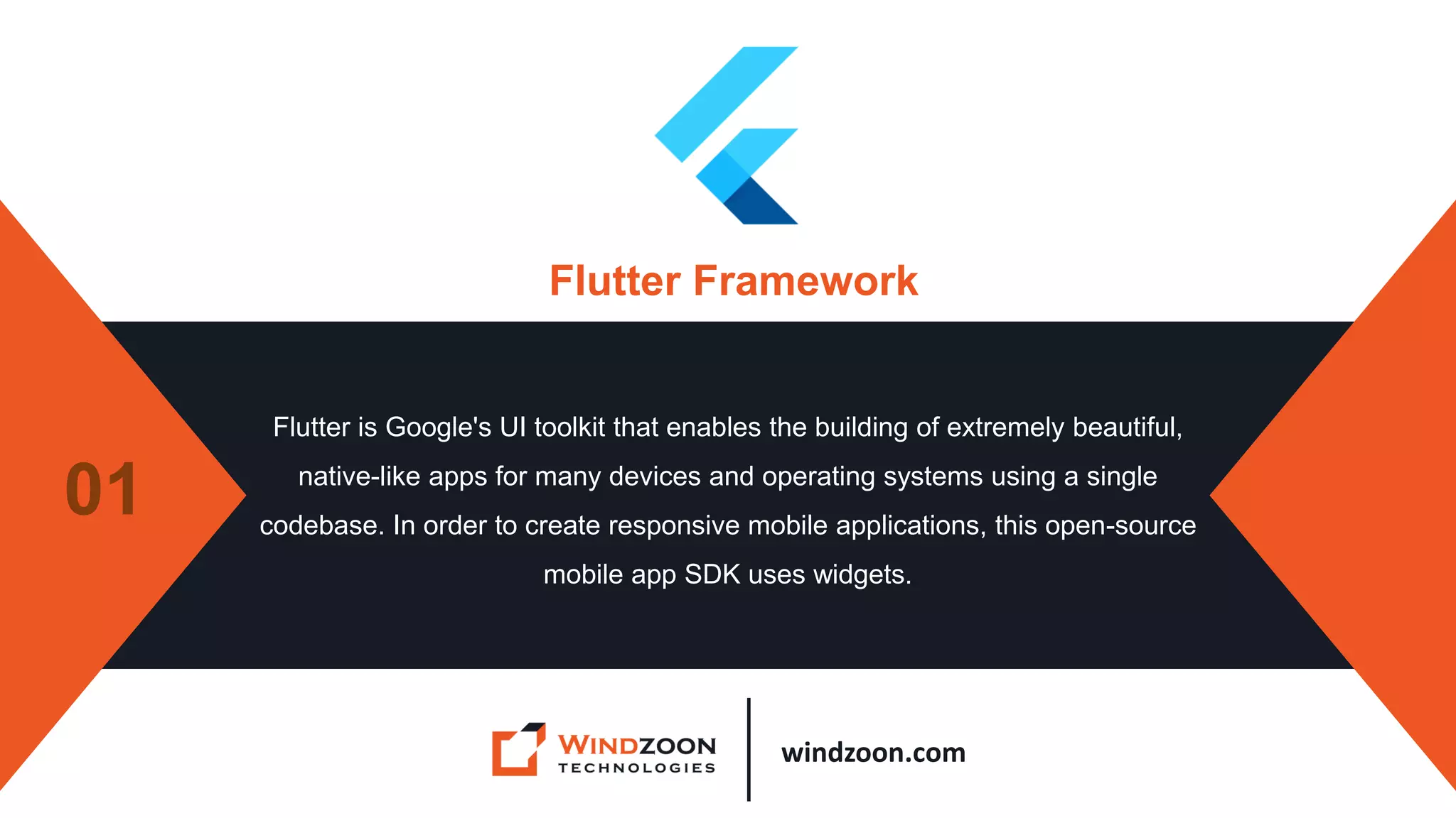 windzoon.com
Flutter Framework
Flutter is Google's UI toolkit that enables the building of extremely beautiful,
native-like apps for many devices and operating systems using a single
codebase. In order to create responsive mobile applications, this open-source
mobile app SDK uses widgets.
01
 