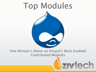 Top Modules




One Woman’s Notes on Drupal’s Most Enabled
          Contributed Modules
 