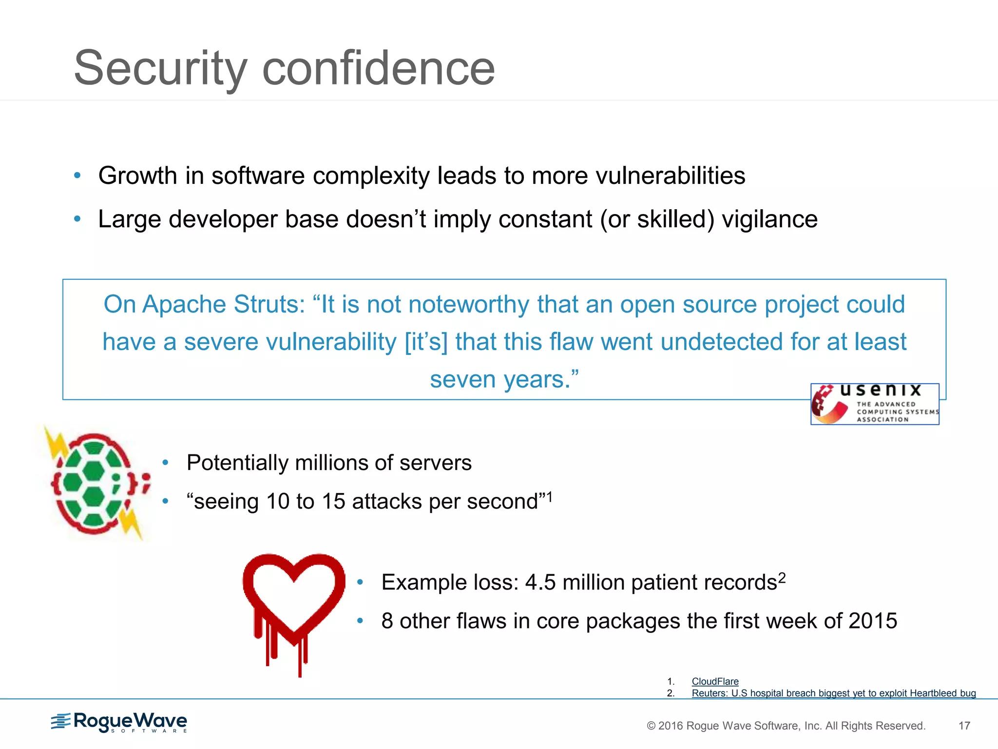 17© 2016 Rogue Wave Software, Inc. All Rights Reserved. 17
Security confidence
• Growth in software complexity leads to more vulnerabilities
• Large developer base doesn’t imply constant (or skilled) vigilance
On Apache Struts: “It is not noteworthy that an open source project could
have a severe vulnerability [it’s] that this flaw went undetected for at least
seven years.”
• Potentially millions of servers
• “seeing 10 to 15 attacks per second”1
• Example loss: 4.5 million patient records2
• 8 other flaws in core packages the first week of 2015
1. CloudFlare
2. Reuters: U.S hospital breach biggest yet to exploit Heartbleed bug
 