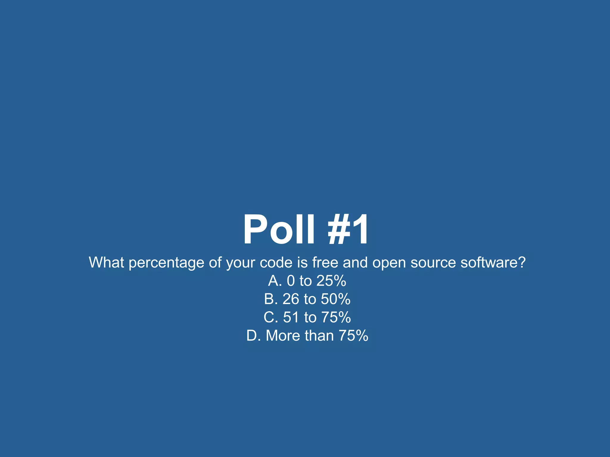 3© 2016 Rogue Wave Software, Inc. All Rights Reserved. 3
Poll #1
What percentage of your code is free and open source software?
A. 0 to 25%
B. 26 to 50%
C. 51 to 75%
D. More than 75%
 