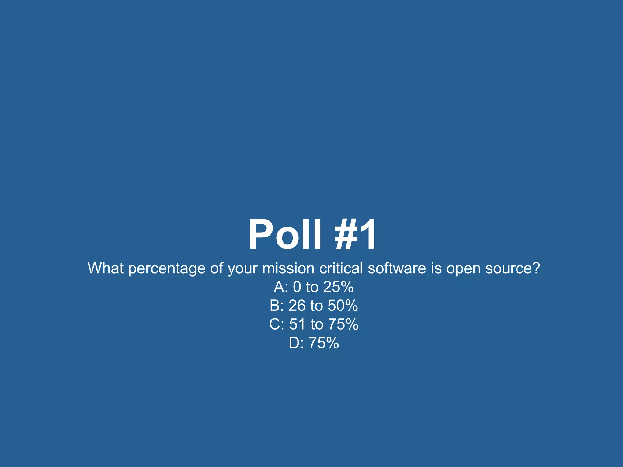 3© 2016 Rogue Wave Software, Inc. All Rights Reserved. 3
Poll #1
What percentage of your mission critical software is open source?
A: 0 to 25%
B: 26 to 50%
C: 51 to 75%
D: 75%
 
