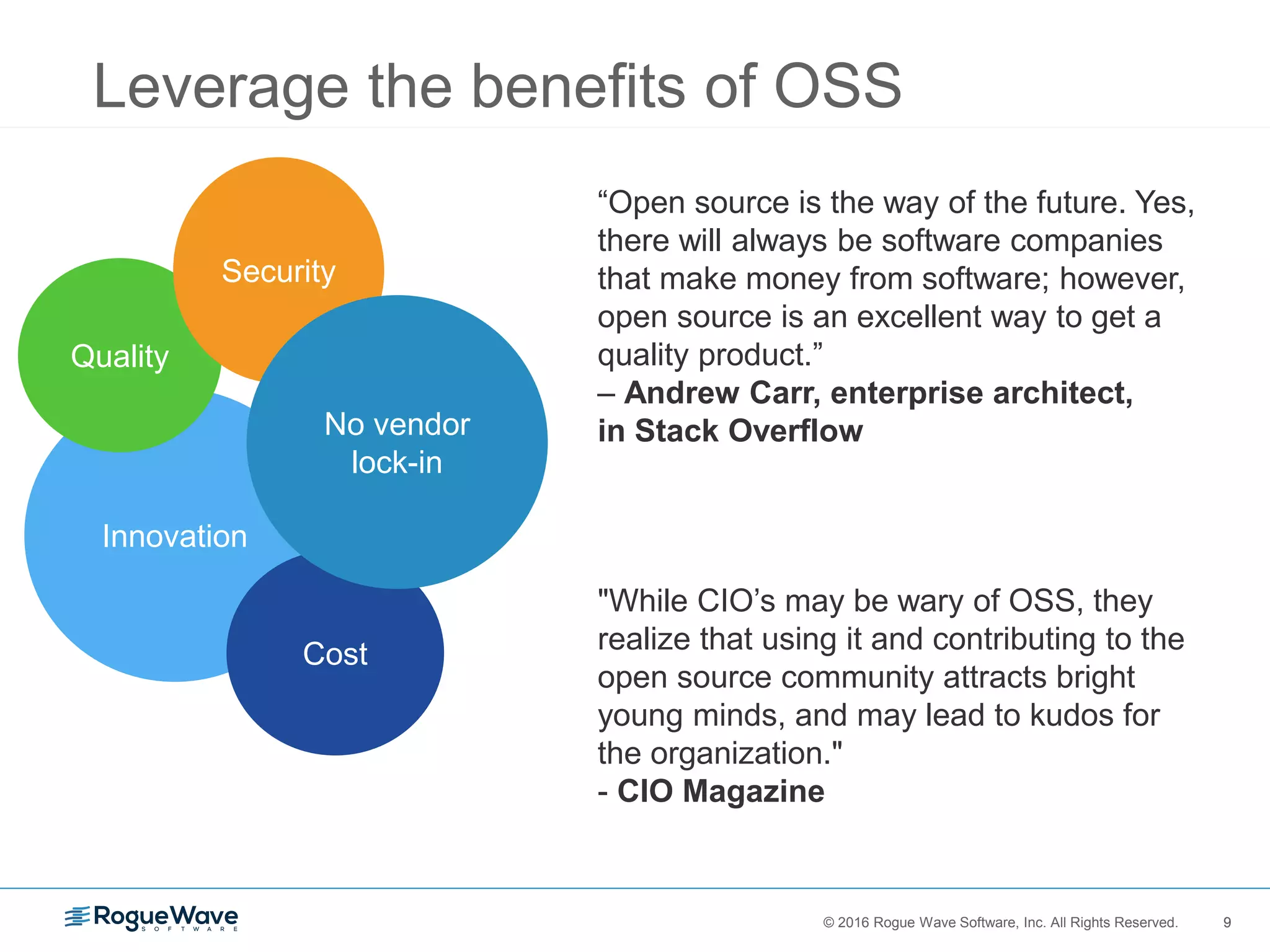 9© 2016 Rogue Wave Software, Inc. All Rights Reserved. 9
Leverage the benefits of OSS
“Open source is the way of the future. Yes,
there will always be software companies
that make money from software; however,
open source is an excellent way to get a
quality product.”
– Andrew Carr, enterprise architect,
in Stack Overflow
"While CIO’s may be wary of OSS, they
realize that using it and contributing to the
open source community attracts bright
young minds, and may lead to kudos for
the organization."
- CIO Magazine
Innovation
Quality
Cost
Security
No vendor
lock-in
 
