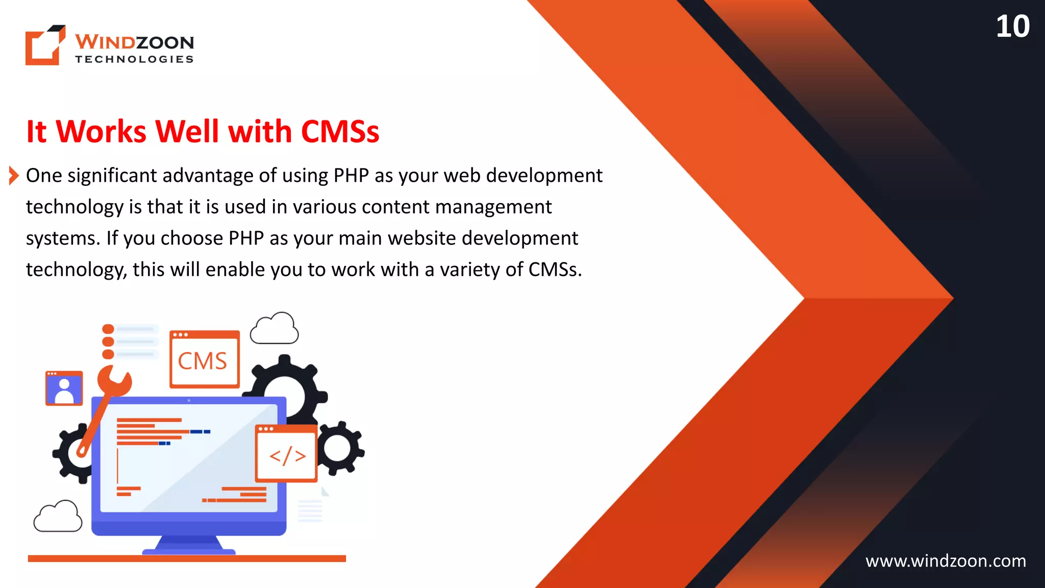 It Works Well with CMSs
www.windzoon.com
One significant advantage of using PHP as your web development
technology is that it is used in various content management
systems. If you choose PHP as your main website development
technology, this will enable you to work with a variety of CMSs.
10
 