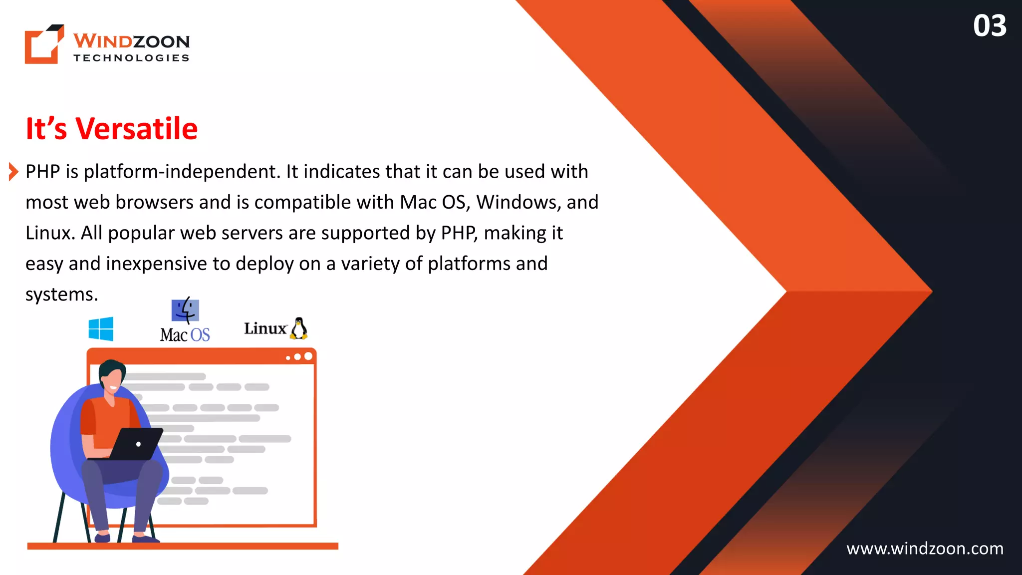 It’s Versatile
www.windzoon.com
PHP is platform-independent. It indicates that it can be used with
most web browsers and is compatible with Mac OS, Windows, and
Linux. All popular web servers are supported by PHP, making it
easy and inexpensive to deploy on a variety of platforms and
systems.
03
 