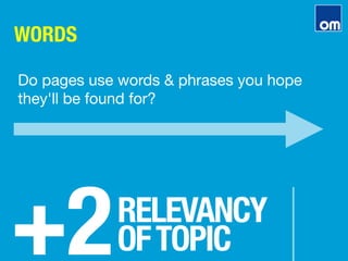 WORDS
+2
RELEVANCY"
OFTOPIC
Do pages use words & phrases you hope
they'll be found for?
 