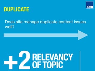 DUPLICATE
+2
RELEVANCY"
OFTOPIC
Does site manage duplicate content issues
well?
 