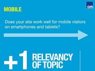 MOBILE
+1
RELEVANCY"
OFTOPIC
Does your site work well for mobile visitors
on smartphones and tablets?
 
