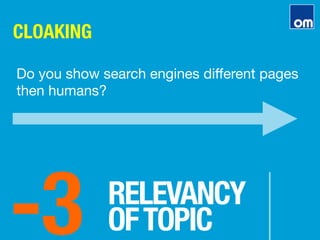 CLOAKING
-3
RELEVANCY"
OFTOPIC
Do you show search engines diﬀerent pages
then humans?
 