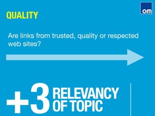 QUALITY
+3
RELEVANCY"
OFTOPIC
Are links from trusted, quality or respected
web sites?
 