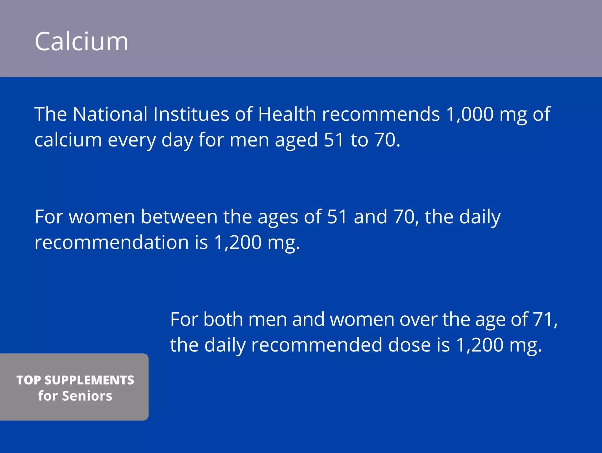 The National Institues of Health recommends 1,000 mg of
calcium every day for men aged 51 to 70.
For women between the ages of 51 and 70, the daily
recommendation is 1,200 mg.
For both men and women over the age of 71,
the daily recommended dose is 1,200 mg.
Calcium
TOP SUPPLEMENTS
for Seniors
 