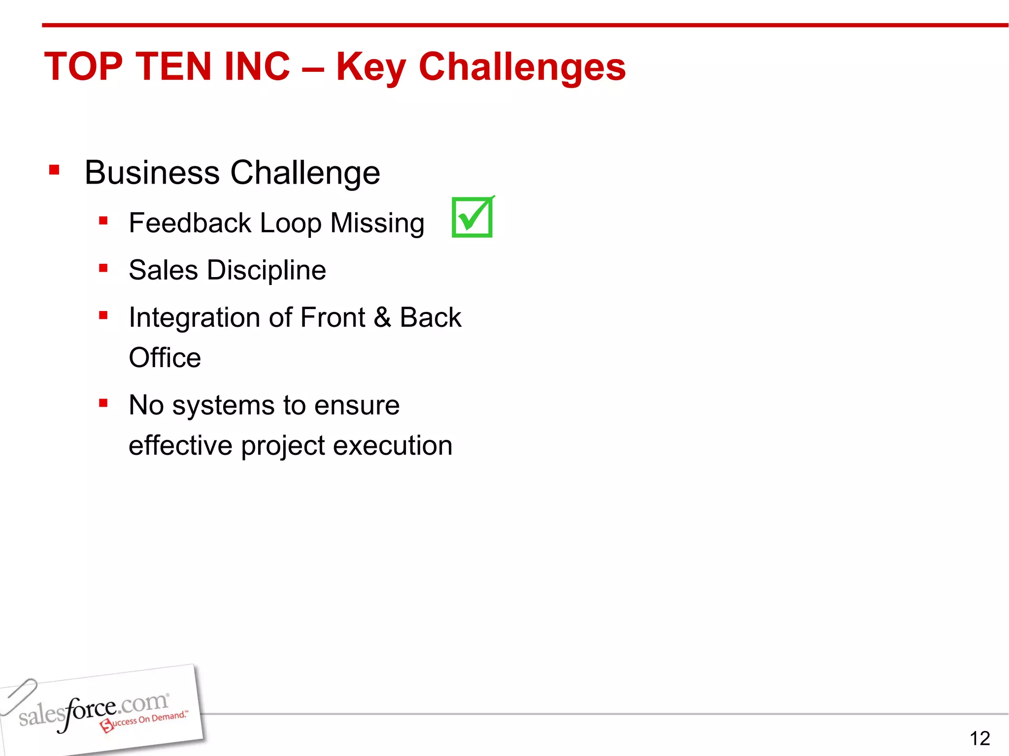TOP TEN INC – Key Challenges  Business Challenge Feedback Loop Missing  Sales Discipline Integration of Front & Back Office  No systems to ensure effective project execution  