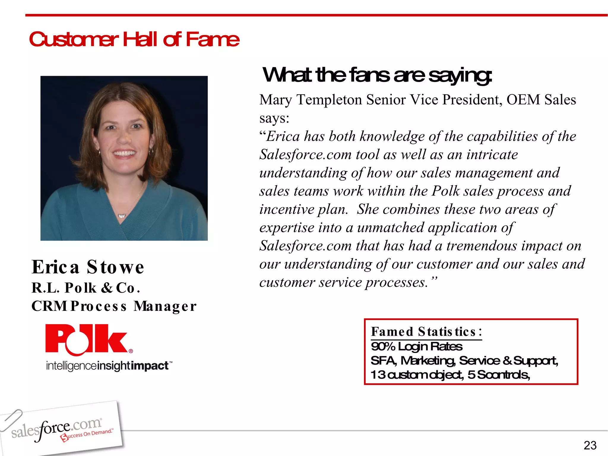 Mary Templeton Senior Vice President, OEM Sales says:  “ Erica has both knowledge of the capabilities of the Salesforce.com tool as well as an intricate understanding of how our sales management and sales teams work within the Polk sales process and incentive plan.  She combines these two areas of expertise into a unmatched application of Salesforce.com that has had a tremendous impact on our understanding of our customer and our sales and customer service processes.”    Erica Stowe R.L. Polk & Co. CRM Process Manager Customer Hall of Fame  What the fans are saying: Famed Statistics: 90% Login Rates SFA, Marketing, Service & Support, 13 custom object, 5 Scontrols, 