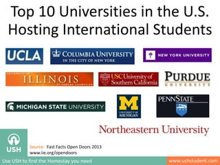 www.ushstudent.comUse USH to find the Homestay you need
Top 10 Universities in the U.S.
Hosting International Students
Source: Fast Facts Open Doors 2013
www.iie.org/opendoors
 