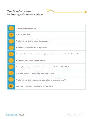 Top Ten Questions
in Strategic Communications
©2013 Ingenium Communications Inc.
What does success look like?
Why this, why now?
What are the project or corporate objectives?
What are the communications objectives?
How can effective communications help advance the project or corporate objective?
What are the main risks/opportunities?
Thinking back about past activities, what worked and what didn’t? Why?
Who are the key audiences? Why are they important?
What are the project management parameters (time, budget, staff)?
If we could change just one thing, what should it be?
1
2
3
4
5
6
7
8
9
10
 