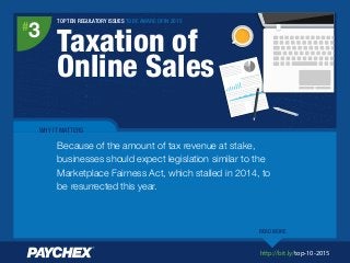 http://bit.ly/top-10-2015
TOP TEN REGULATORY ISSUES TO BE AWARE OF IN 2015
Taxation of
Online Sales
#
3
WHY IT MATTERS
Because of the amount of tax revenue at stake,
businesses should expect legislation similar to the
Marketplace Fairness Act, which stalled in 2014, to
be resurrected this year.
READ MORE
 
