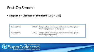 Post-Op Seroma
• Chapter 3 – Diseases of the Blood (D50 – D89)
8
 
