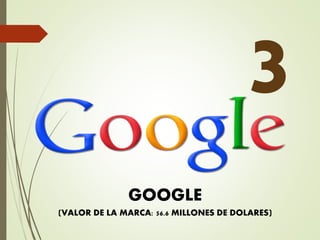 GOOGLE
(VALOR DE LA MARCA: 56.6 MILLONES DE DOLARES)