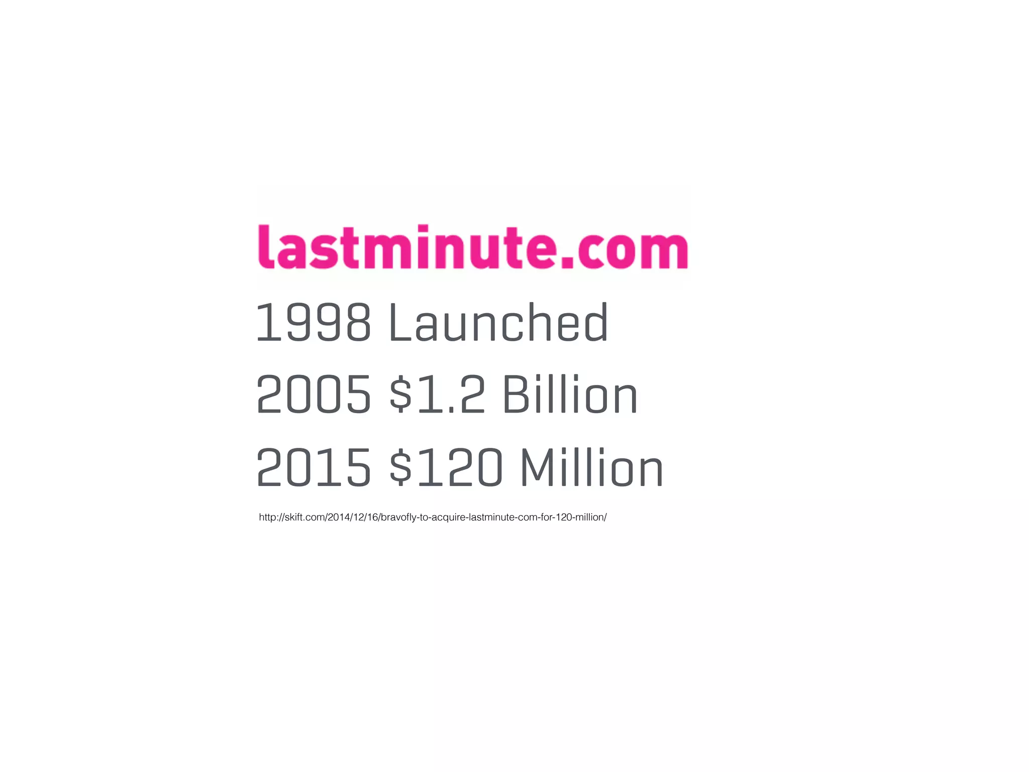 2015 $120 Million
2005 $1.2 Billion
http://skift.com/2014/12/16/bravoﬂy-to-acquire-lastminute-com-for-120-million/
1998 Launched
 
